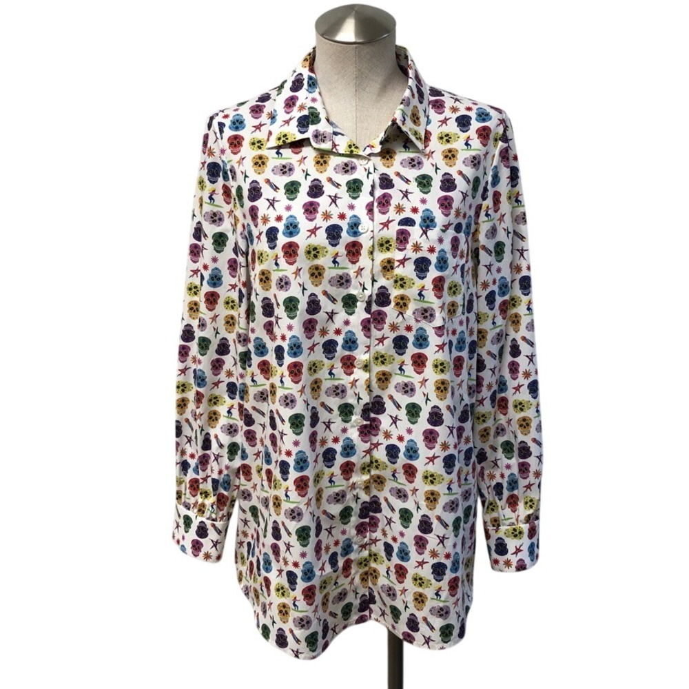 Jonathan Cohen Button Down Shirt Womens Medium White Skull‎ Skateboard Print USA